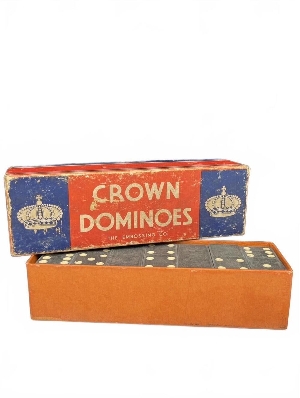 VINTAGE CROWN DOMINOES THE EMBOSSING COMPANY WOODEN BLACK 1940's